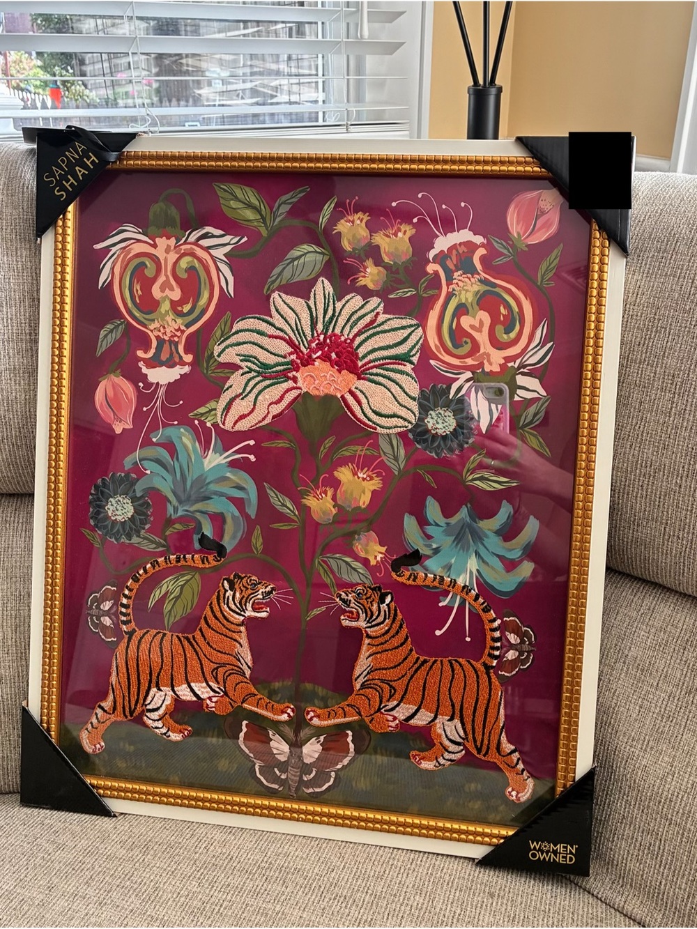 ‼️ RARE Shah Burgundy Floral Tiger Embroidered Framed Wall Art (24”x20”) nwt